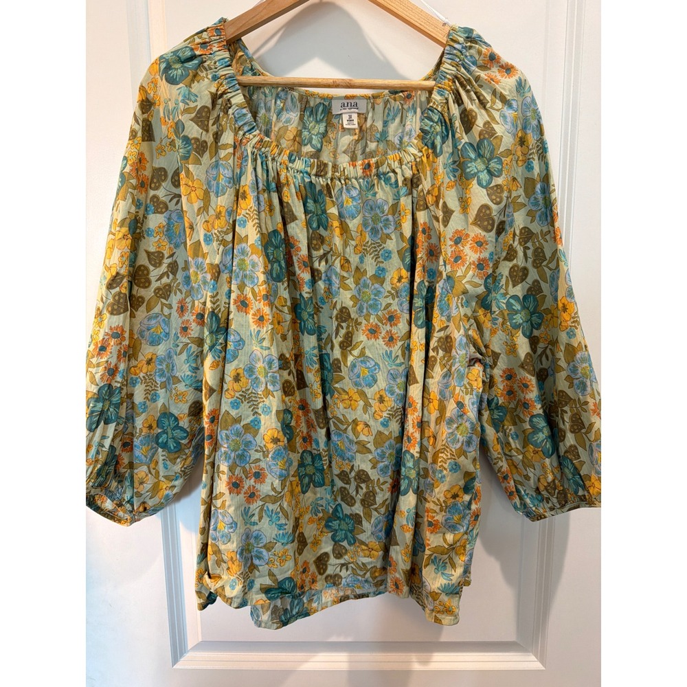 a.n.a A New Approach Floral Cotton Blouse Blue Orange 3X Woman Boho Top